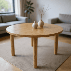A beautifully handmade round dining table from sustainably sourced Carpathian wood, perfect for modern London living spaces.