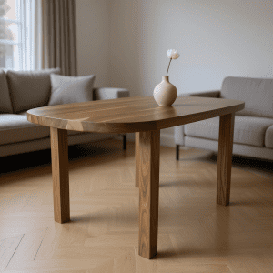 A bespoke wooden table crafted from sustainably sourced Carpathian timber, perfect for modern English homes — displayed with minimalist decor and natural light.