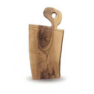 A professional product photo of a rectangular walnut cutting board with a rich, dark grain pattern.