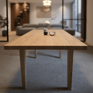Handcrafted Carpathian oak dining table with clean lines, displayed in a modern London living space — showcasing natural grain and sustainable craftsmanship.