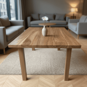 A handcrafted solid wood dining table made from Carpathian oak, styled in a contemporary London living room with herringbone flooring and soft natural light